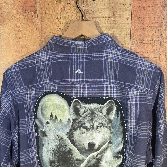 Upcycled Plaid Button Down Shirt with Wolf Design - Picture 4 of 11
